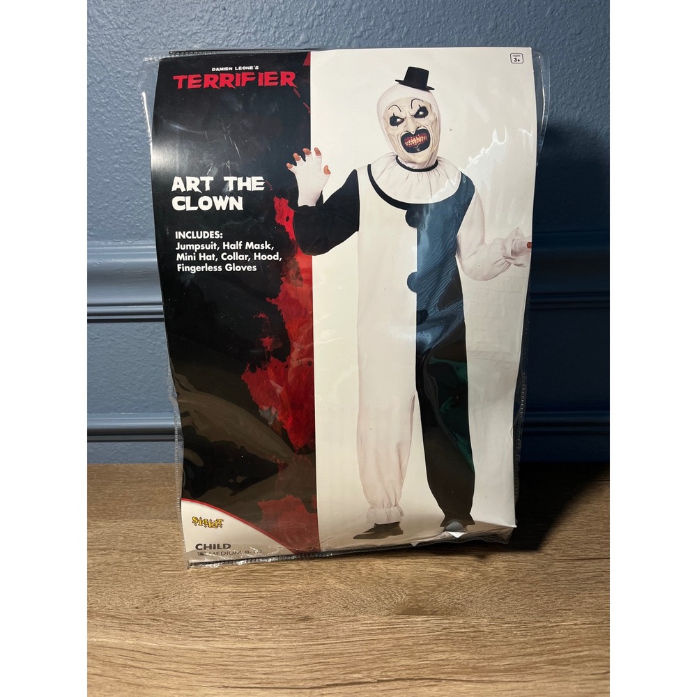 Childs Art the Clown Costume Terrifier Jumpsuit Mask Hat Collar‎ Gloves 8-10 - Picture 1 of 4